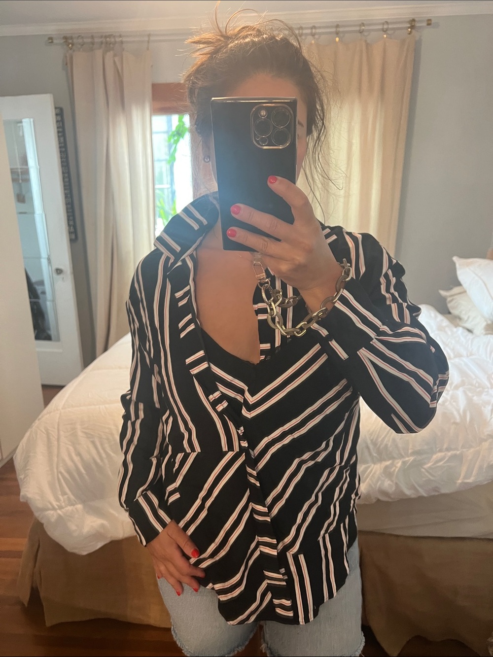 Maje Striped Black and White Button-Up Women's Top
